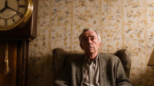 An elderly man sits in a plaid armchair beside a tall pendulum clock in a vintage living room with floral wallpaper.