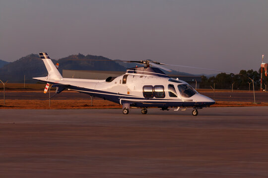 Agusta A109SP helicopter parked at Catarina Airport, Brazil, July 3, 2023. Luxury twin-engine aircraft for corporate and VIP transport.