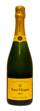 A bottle of Veuve Clicquot Brut yellow label champagne isolated on a white background 