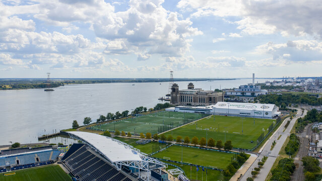 Aerial shot of Subaru Park soccer stadium home of the Philadelphia Union of Major League Soccer in Chester Pennsylvania USA