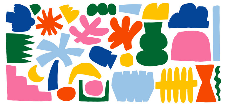 Abstract shapes in bright colors create a modern graphic design. Vector cutout elements look like stickers for summer collage projects. Fun doodle style makes the composition playful and organic.