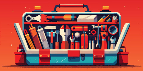 Open toolbox filled with a variety of colorful tools against a vibrant red background