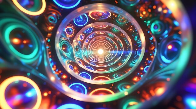 Hypnotic swirling vortex of colorful lights and concentric circles abstract art