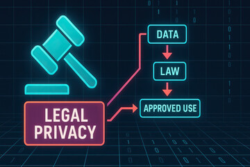 Legal privacy concept diagram with gavel and data flow to law and approved use, neon interface conveying compliance and secure information management