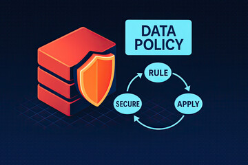 Data policy data storage data security rule apply secure database shield protection compliance information server cloud cycle governance policy diagram blue orange technology network privacy