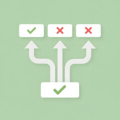 Decision Making Concept with Checkmark and Cross Symbols &ndash; Minimal 3D Illustration on Green Background