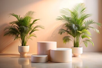 Elegant Product Display with Cylindrical Pedestals and Lush Green Plants Against a Softly Lit Background Perfect for Showcasing Natural Beauty