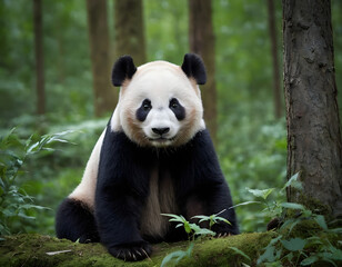 Obraz premium Giant Panda Sitting in Forest. Cute Panda in Natural Habitat. Wild Panda Resting on Mossy Ground. Endangered Panda in Bamboo Forest. Adorable Panda Sitting Peacefully in Woods