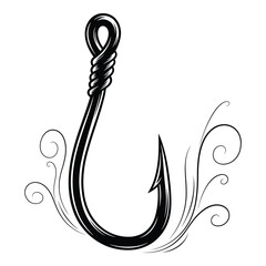 Vintage fishing hook with decorative swirls nautical emblem fishing gear graphic silhouette
