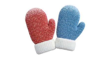 Red and Blue Winter Mittens on White Background for Cold Weather Fashion