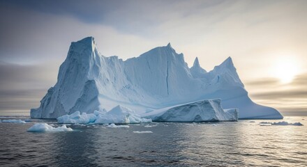 Majestic Iceberg Peaks Emerge from Arctic Waters Under Soft Golden Sunlight