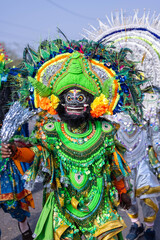 Fototapeta premium Chhau dance, Portrait of an unidentified artist with colorful mask on his face to perform the folk tribal dance bengali region called chhau dance. also spelled as Chau or Chhaau, dance in India.