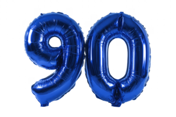 Blue foil balloons forming the number ninety celebrating a milestone anniversary or birthday transparent
