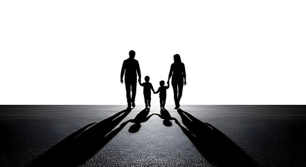 Unique silhouette of parents with twin children showing symmetry and strong family bond