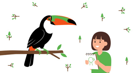 Obraz premium Illustrative Depiction Of A Toucan Perched On A Branch With A Young Girl Sketching it