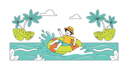 Joyful Child Floating In A Rubber Ring In Bright Sunny Tropical Waters