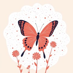 Crimson Monarch: A delicately illustrated crimson butterfly perches gracefully above stylized blossoms, forming an enchanting scene reminiscent of springtime and the wonders of the natural world.
