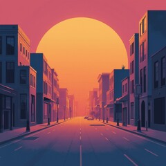 Sunset Boulevard: A serene cityscape comes alive as the setting sun casts long shadows, painting a tranquil urban scene.