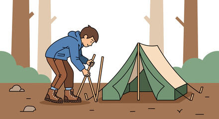 Obraz premium Illustrative Scene Captures A Curious Person Erecting A Tent Within A Woodland Area