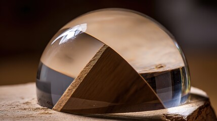 paperweight. Glass paperweight magnifying light reflections on wood, symbolizing abstract financial concepts in a minimalist setting. pitch deck slides.