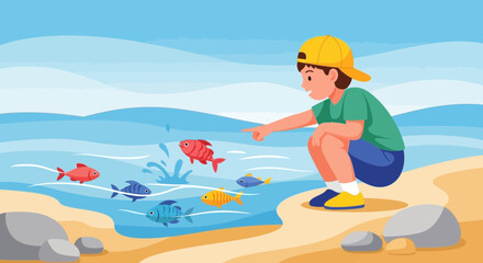 Joyful Child Observing Colorful Fish Swimming in Sparkling Seaside Waters