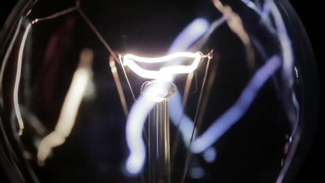 Glowing filament shines brightly inside a clear light bulb against a dark backdrop, showcasing electricity and innovation with a modern and technological feel.