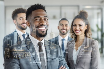 Confident business team smiling in modern office with futuristic cityscape overlay concept showing innovation, success, and leadership vision. Ai generative