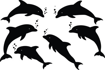 Dolphin silhouettes swimming underwater with bubbles, marine animals vector, ocean wildlife illustration, aquatic mammals clipart, black sea life design, underwater nature artwork