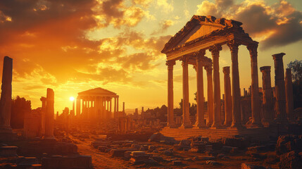 Fototapeta premium Majestic Ancient Ruins Under a Vibrant Sunset Sky at Dusk
