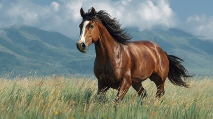 Majestic brown horse running freely across a vibrant green meadow under a clear blue sky in the mountains