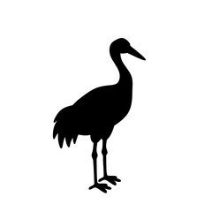 Black silhouette vector of a crane bird standing tall. Minimal and simple design suitable for icons, logos, tattoo art, cultural symbols, or wildlife graphics