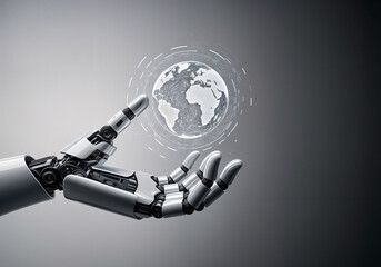 A futuristic robotic hand holds a glowing digital holographic globe showing network connections on it