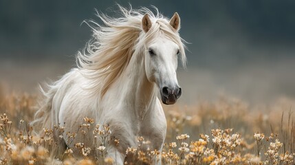 Majestic white horse galloping through a vibrant field filled with blooming wildflowers on a sunny day