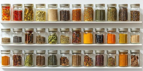 A white shelf holds a collection of glass jars filled with various spices. The jars are arranged in rows and columns, showcasing a vibrant array of colors and textures. 