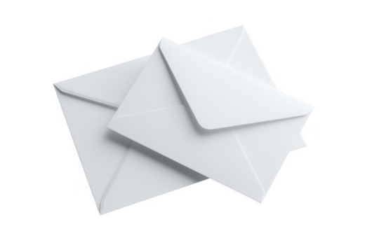 Close up perspective of white paper envelopes on a solid transparent background