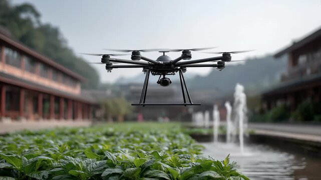 Hexacopter Drone Hovering Over Rural Waterscape