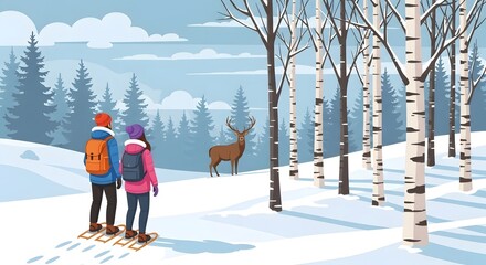 Two People Skiing in Snowy Forest with Deer and Birch Trees