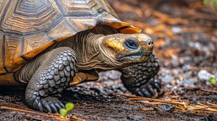 Obraz premium A close-up of a giant tortoise walking across the ground, showcasing its textured shell and rugged skin in detailed focus.