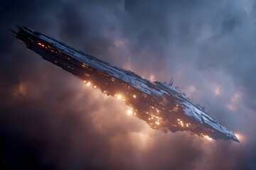 A dark spaceship flies through the cloudy sky at night.