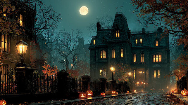 Haunted Victorian House at Halloween Night &ndash; Cinematic Digital Illustration
