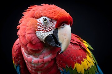 Fototapeta premium Vibrant red parrot in black background.