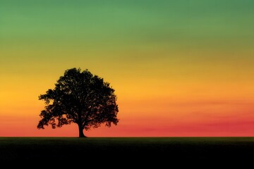 Fototapeta premium A solitary tree stands against a gradient sky of orange, yellow, and green at sunset.