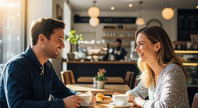 Smiling couple on a warm coffee date, enjoying conversation and pastries in a sunlit modern cafe