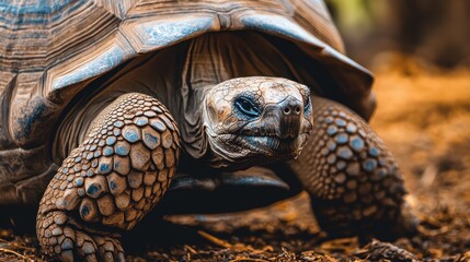 Obraz premium A close-up of a giant tortoise walking across the ground, showcasing its textured shell and rugged skin in detailed focus.