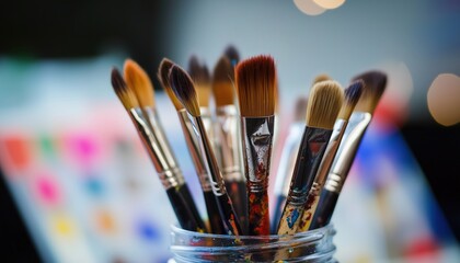 Obraz premium Paint Brushes Placed Inside A Jar In This Picture. The Image Captures Paint Brushes Arranged Neatly Inside A Transparent Glass Container.