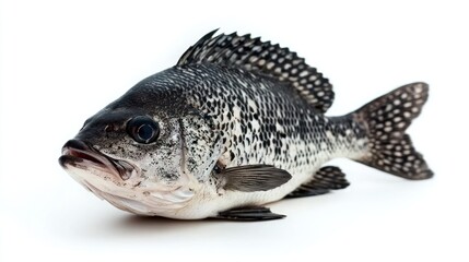 Fototapeta premium A large, speckled black and white fish rests on a white surface. The fish has a prominent head with a dark eye and a textured mouth. 