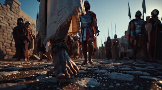 The feet of Jesus Christ walk surrounded by a Roman centurion. The life and sufferings of Jesus Christ of Nazareth.