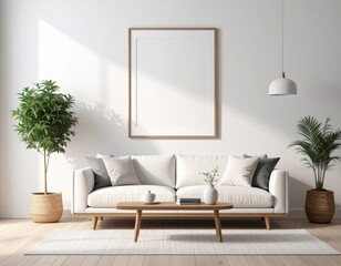 Modern Minimalist Living Room Interior Design with White Sofa and Plants