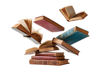 Collection of antique books floating against a transparent background suggesting knowledge and learning