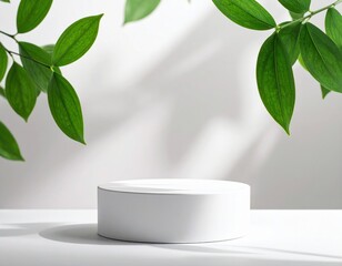 White Cylindrical Display Platform with Green Leaves and Soft Lighting